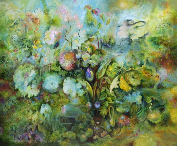 Art inspired by the garden. "Jardin", oil on canvas, a floral abstract painting by Paivi Eerola, Finland. 