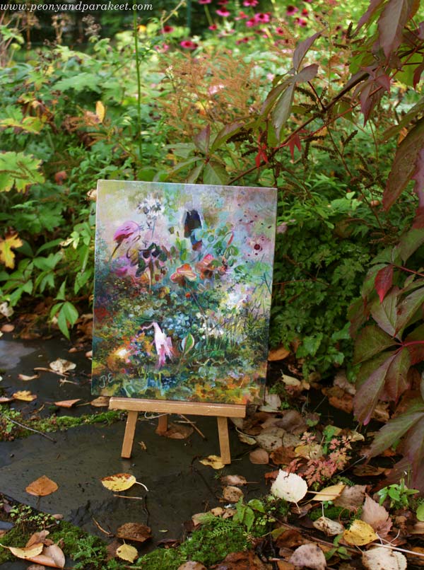 Intuitive nature painting brought into a garden. By Paivi Eerola, Finland.