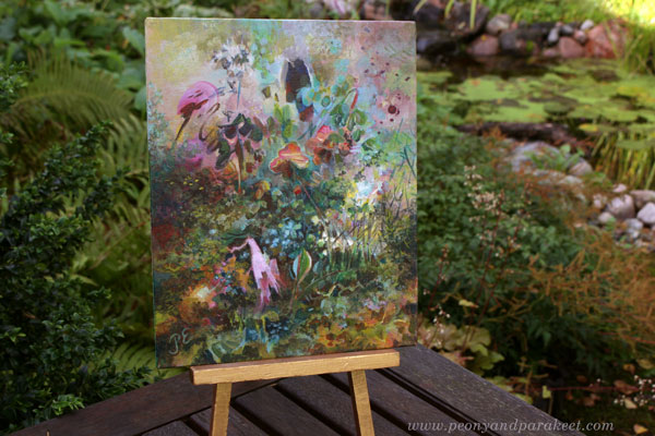 Intuitive nature painting photographed near plants and water. By Paivi Eerola, Finland.