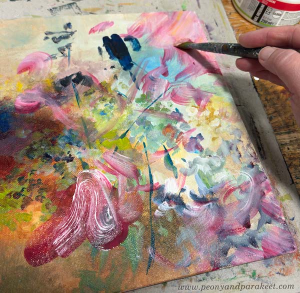 Using a broad brush in intuitive nature painting. Painting in progress.