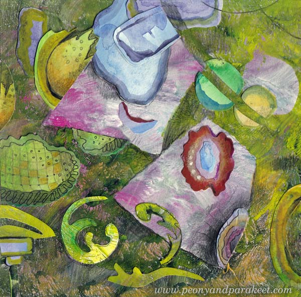 Art journal page, hand-painted and hand-drawn paper collage