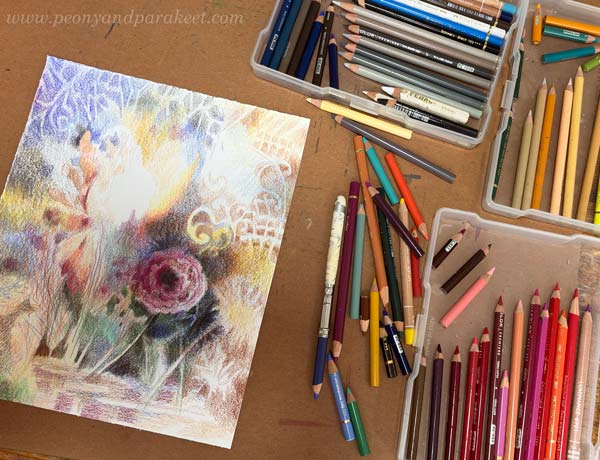 Colored pencils and a drawing in progress. Say no to reference photos and color freely! Store your pencils in shallow boxes so they are easy to see and grab.