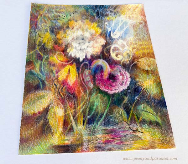 Colored pencil drawing by Paivi Eerola. Flowers and the expression of light.