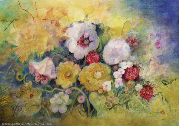 Myöhään kypsyneet - Late Ripened, abstract floral watercolor, Paivi Eerola, Finland
